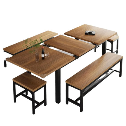 Ensemble de table à manger 5 pièces pour 4 à 8 personnes, ensemble de table de cuisine extensible avec 2 bancs et 2 tabourets carrés