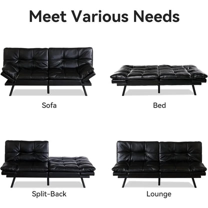 Convertible Futon Sofa Bed, Futon Couch Bed Memory Foam Loveseat,Small Sleeper Sofa Lounger For Compact Living,Black Leather