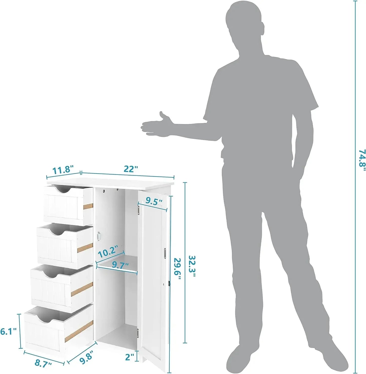 Armoire de rangement en bois pour salle de bain, meuble de sol pour petit espace, meuble de rangement latéral blanc avec 4 tiroirs et 1