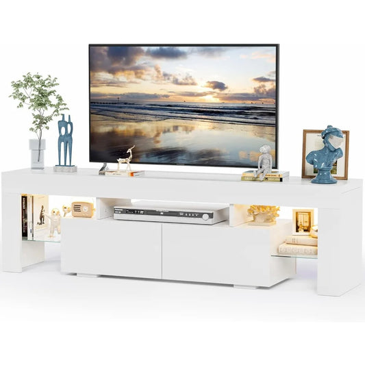 Meuble TV avec lumières LED, console multimédia moderne et étagère ouverte, bureau de rangement avec 1 tiroir et télécommande