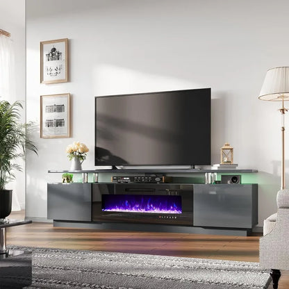 Fireplace TV Stand with 36" White Fireplace, 70" Modern High Gloss Fireplace Entertainment Center LED Lights, 2 Tier TV Console