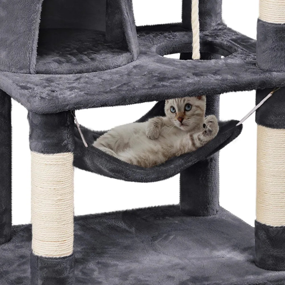 Arbre à chat de 62,2 pouces, tour à chat, condo pour chat avec plate-forme et hamac, poteaux à gratter pour chatons, maison de jeu pour animaux de compagnie avec perchoir en peluche