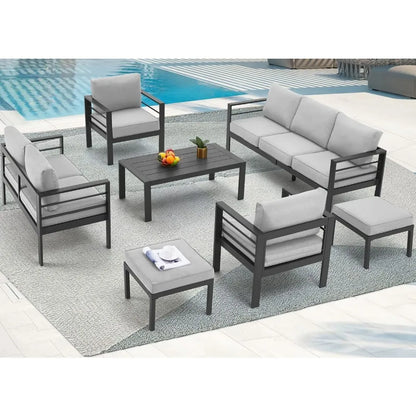 Aluminium Patio Furniture Set, Modern Outdoor Patio Furniture with Coffee Table, Set of 7 with Grey Cushions，Light Grey