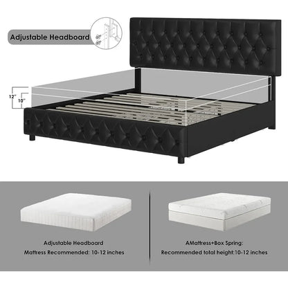 Cama tamaño queen con 4 cajones de almacenamiento, plataforma de cuero sintético, soporte de listones de madera maciza, cama tapizada moderna