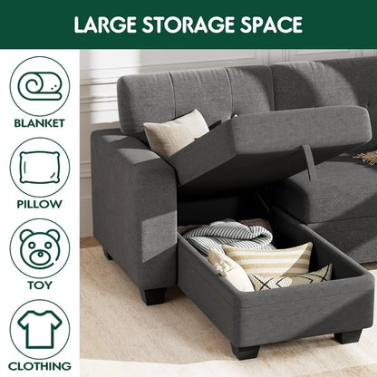 82" L-Shape Sofa Reversible Sleeper, Pull Out Bed, Storage Chaise and Arms, Corner Couch for Living Room, Linen Sectional Sofa