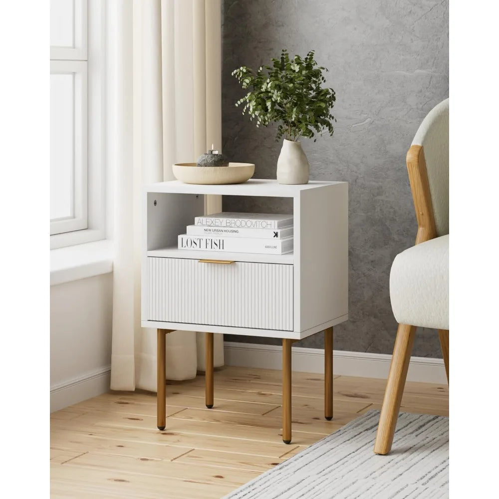 Nightstand,Small Bedside Table with Gold Frame,White Night Stand,Bedside Furniture,Side Table with Drawer and Shelf for Bedroom