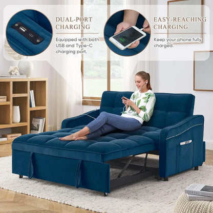 3 in 1 Sleeper Sofa Couch Bed with USB & Type C Port, 52" Small Modern Convertible Tufted Velvet Loveseat Sofa w/Pull Out Bed