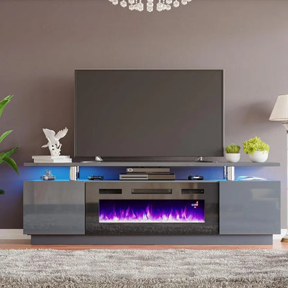 Fireplace TV Stand with 36" White Fireplace, 70" Modern High Gloss Fireplace Entertainment Center LED Lights, 2 Tier TV Console