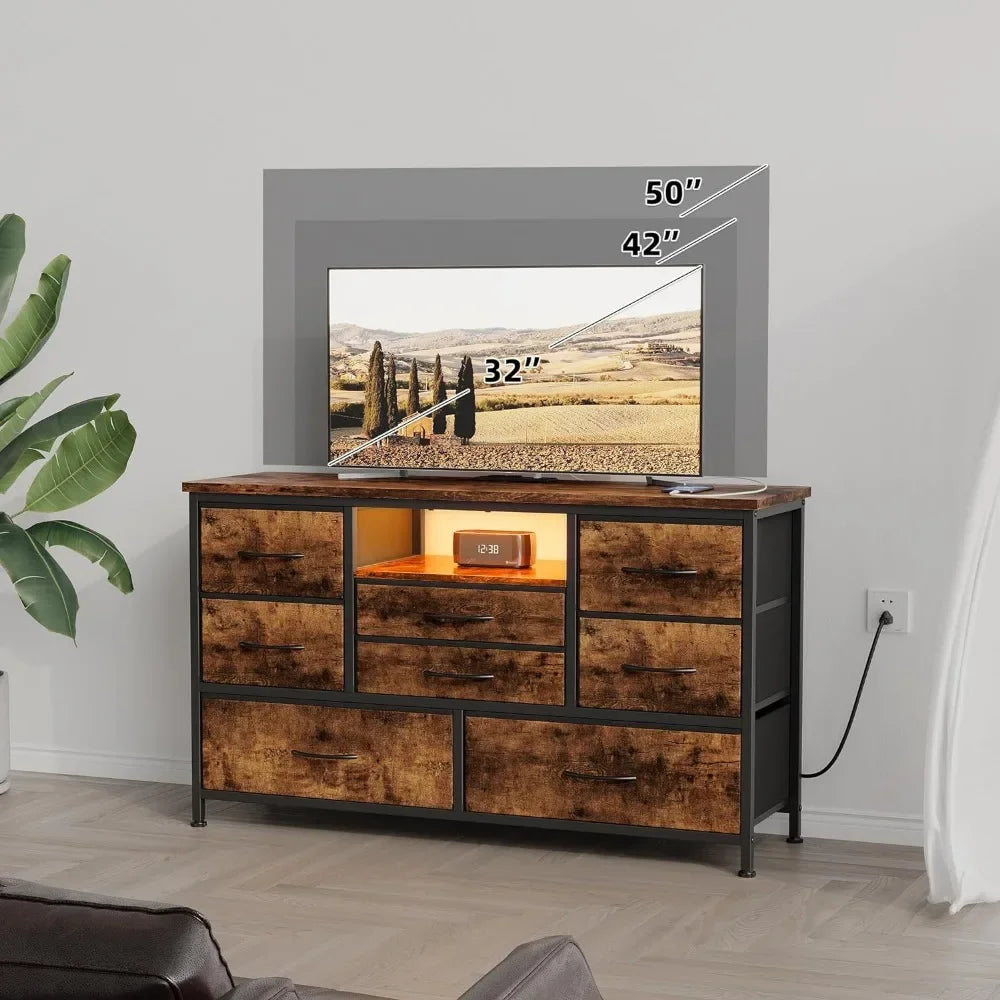 Meuble TV 8 tiroirs avec prise de courant et LED pour téléviseur 55 pouces, commode longue pour chambre à coucher avec 8 tiroirs profonds, table console large pour le rangement