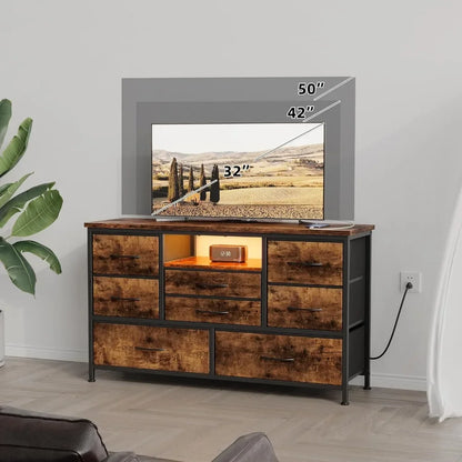 Meuble TV 8 tiroirs avec prise de courant et LED pour téléviseur 55 pouces, commode longue pour chambre à coucher avec 8 tiroirs profonds, table console large pour le rangement