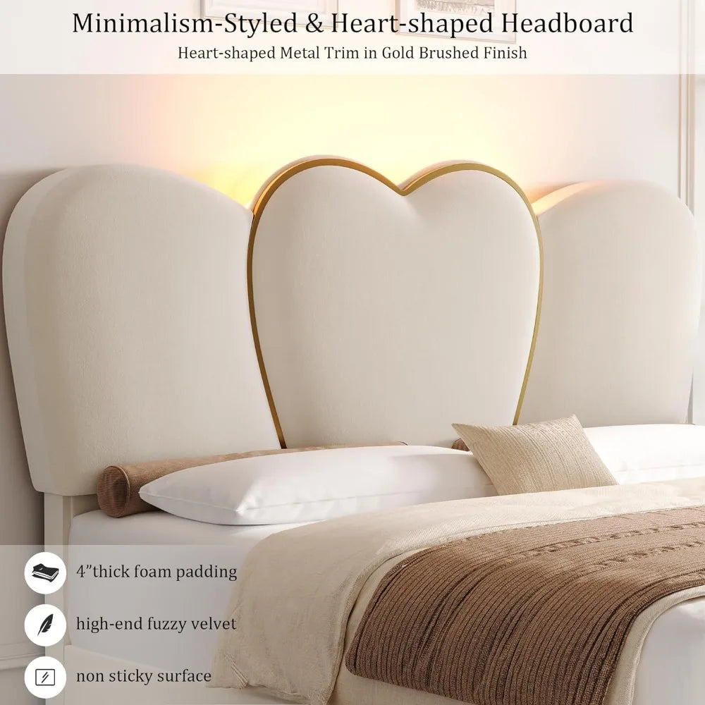 King LED Bed Frame with 4 Storage Drawers, Modern Velvet Upholstered Platform Bed with 55 Tall Heart Shaped Headboard, Beige Bed