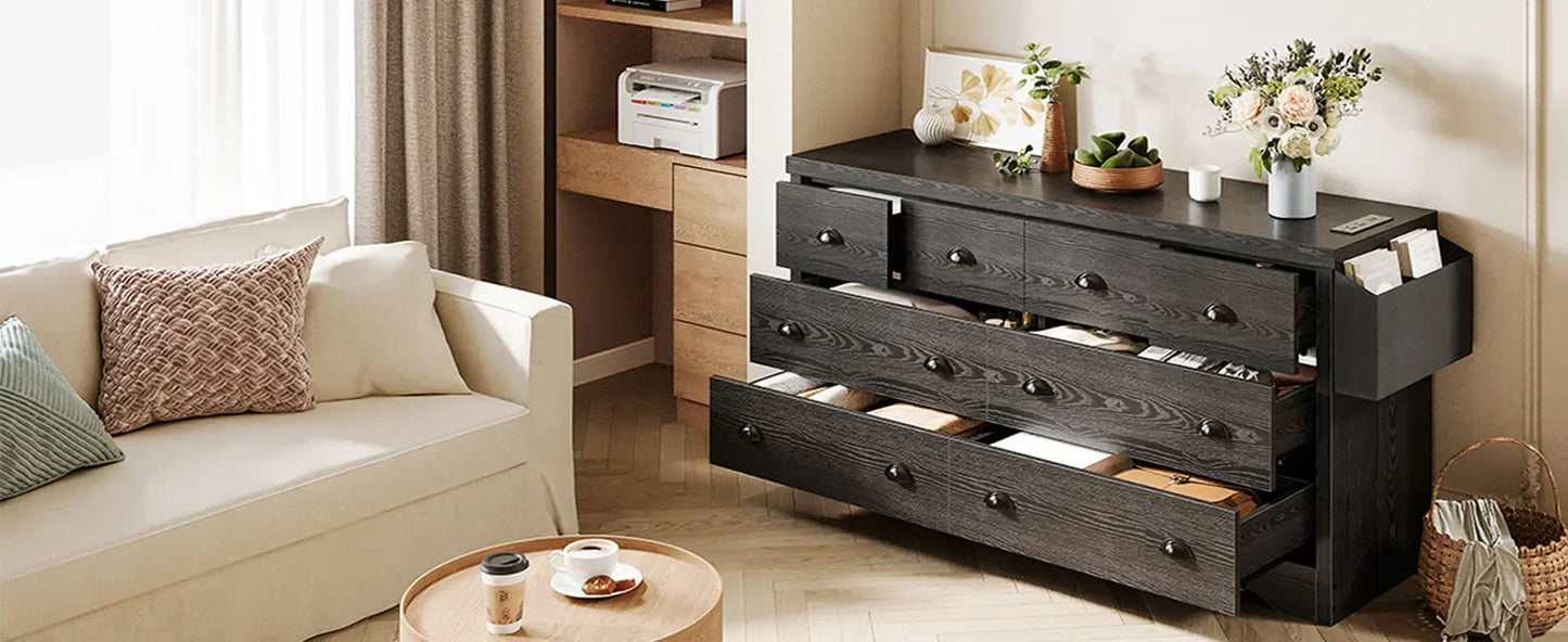 Dresser 8 Drawer, Modern Wood Bedroom Dresser with with Charging Station and Storage Bag, Storage Chest of Drawers for Living