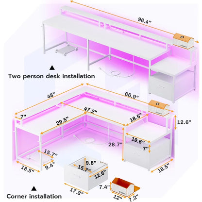 Bureau de jeu en L, bureau à domicile de 66 pouces avec tiroir à dossiers, prise de courant et lumières LED, bureau d'ordinateur avec étagère pour moniteur