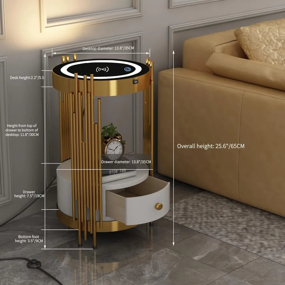 Table de chevet ronde intelligente à LED dorée avec tiroir, table d'appoint étroite pour canapé