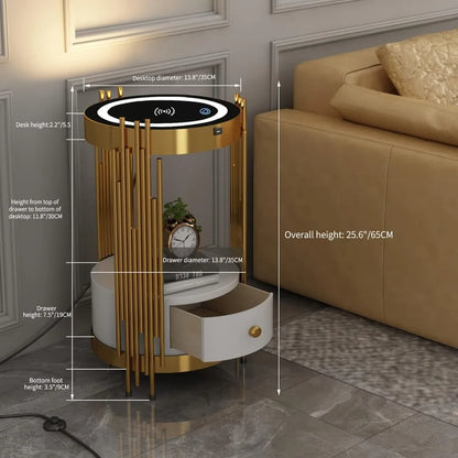 Table de chevet ronde intelligente à LED dorée avec tiroir, table d'appoint étroite pour canapé