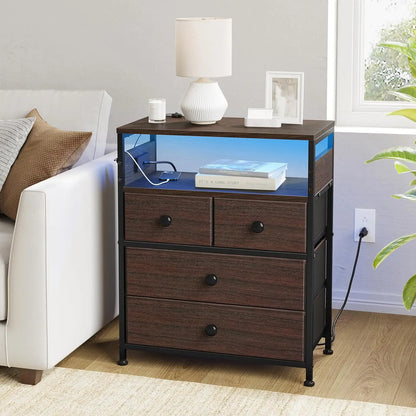 Nightstand with Charging Station, Bedside Table with 4 Drawers and 2-Tier Shelf, Modern End Table with Wooden Top for Be