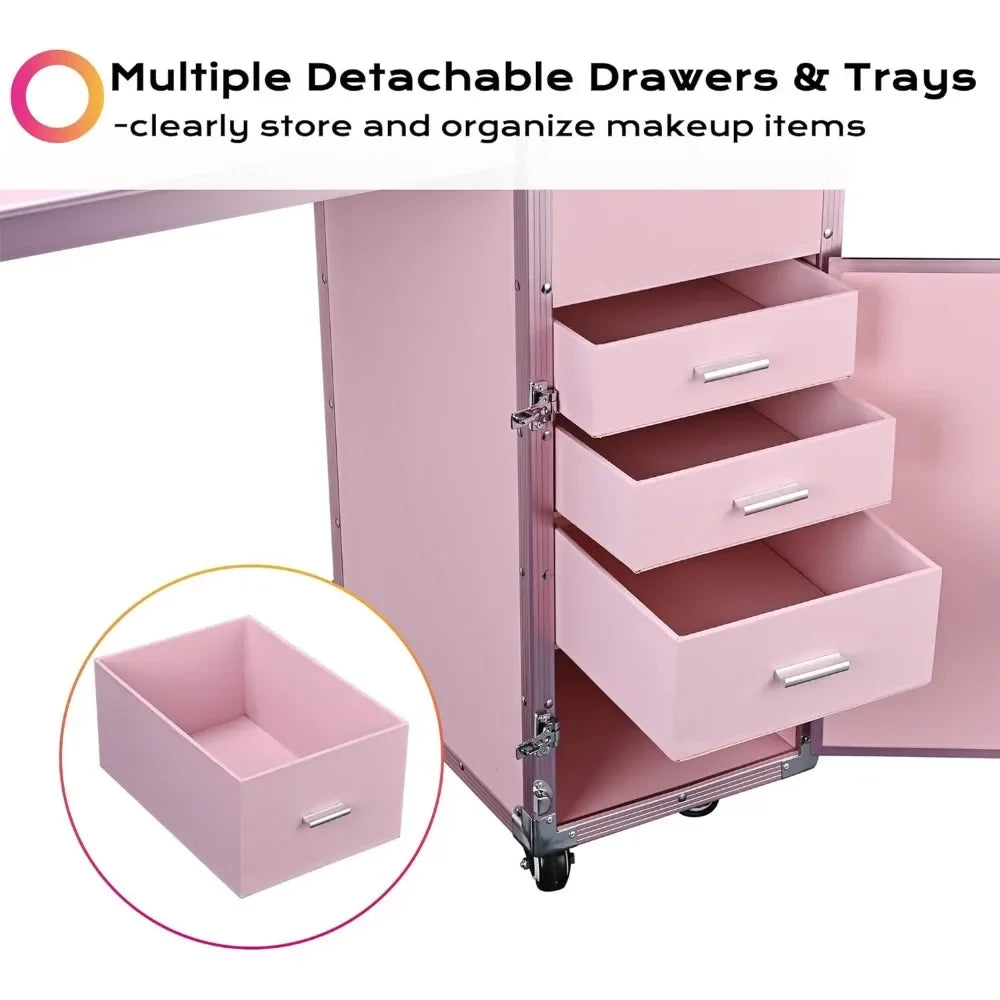 Rolling Manicure Table Foldable Nail Table Makeup Train Case with Desk Cosmetic Trolley Travel Storage Organizer with Speaker.