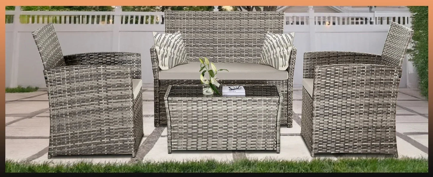 4 Piece Patio Furniture Set, Outdoor Wicker Conversation Sets,Rattan Sectional Sofa w/Coffee Table, for Backyard Garden Poolside