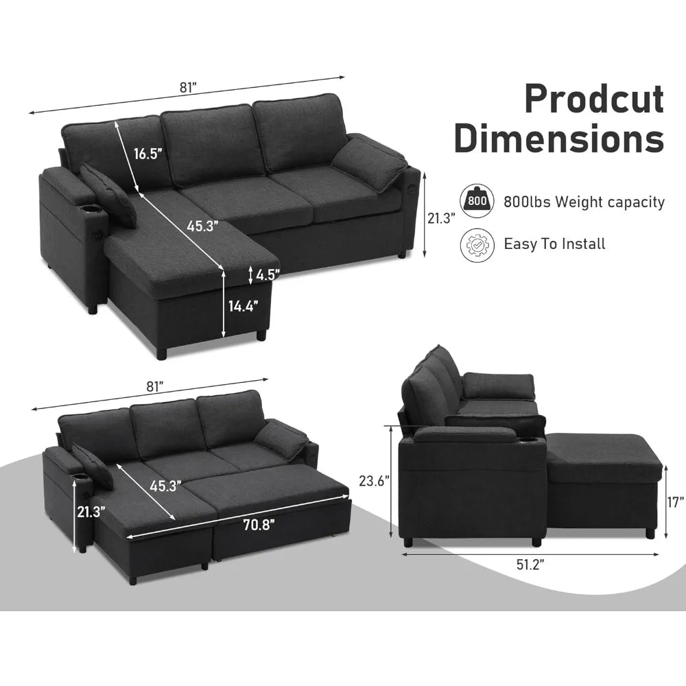 Sofa Bed Sleeper Pull Out 2 in 1 Sectional Sleeper Sofa with Storage,USB, Cup Holder,Pullout Sectional Couches for Apartment