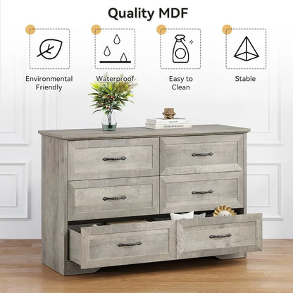 Bedroom Dresser, 6 Drawer Dresser with Oak Wood Grain Finished, Suitable for Bedroom, Closet, Living Room, Wooden, Grey