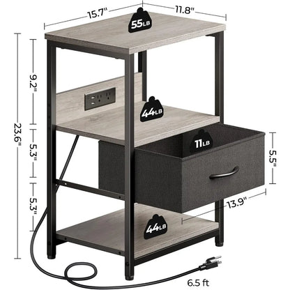 Ensemble de 2 tables de chevet, tables de chevet à LED avec station de charge et tiroir en tissu, table de chevet avec rangement,