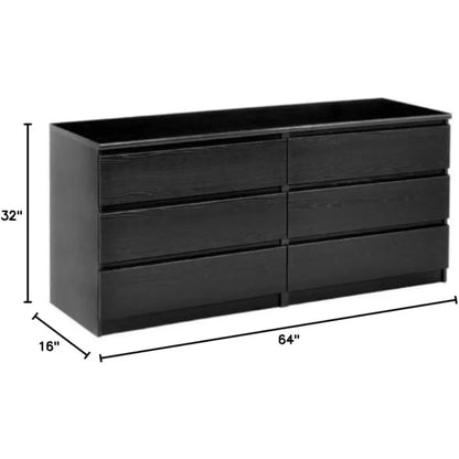 3 Piece Bedroom Set with 6 Drawer Double Dresser and Two 2 Drawer Nightstands in Black Woodgrain