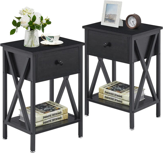 Nightstands Set of 2, Modern Bedside End Tables, Night Stands with Drawer and Storage Shelf(Dark Black/Dark Blue/Dark Gray)