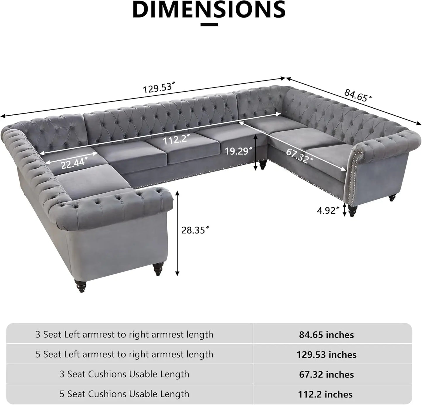 Sectional Chesterfield Velvet Couch Upholstered Large Accent Tufted Sofa with Rolled Armrest and Nailhead Design for Living Room