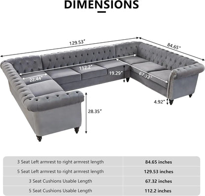 Sectional Chesterfield Velvet Couch Upholstered Large Accent Tufted Sofa with Rolled Armrest and Nailhead Design for Living Room