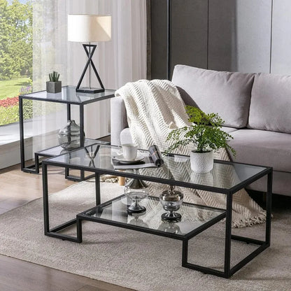 Glass Coffee Table, Brass Accent Modern Tempered Glass Side Table, Additional Storage Shelf & Metal Frame, for Living Room Home