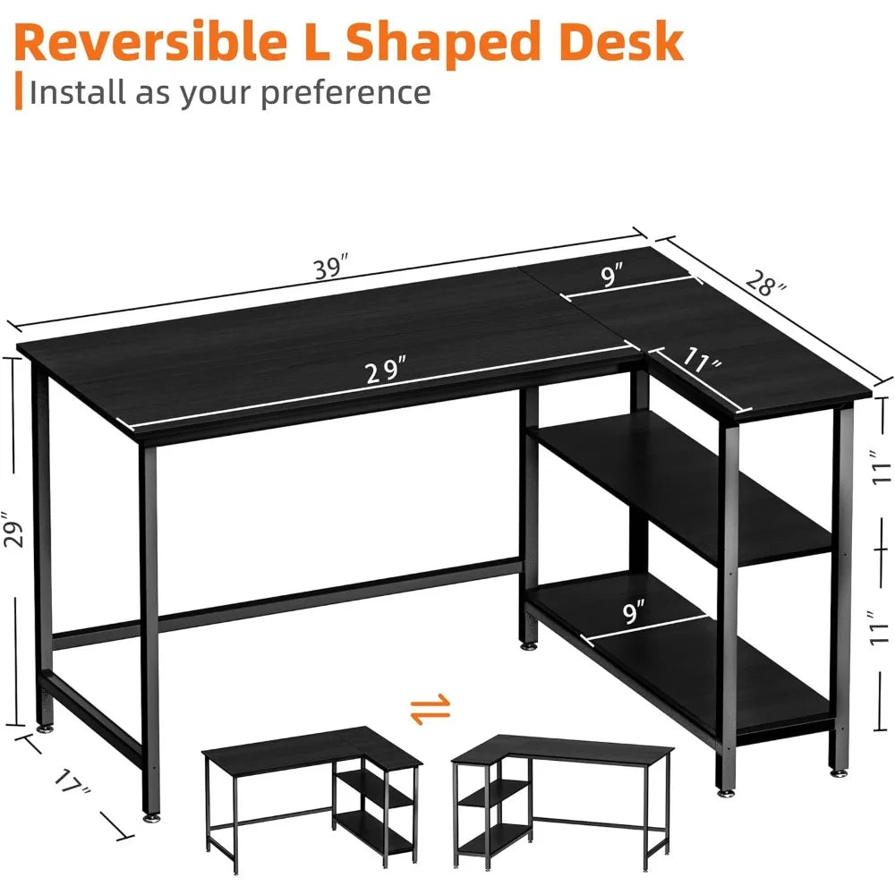 Bureau en L - Bureau d'ordinateur de bureau à domicile de 39 pouces avec étagère, table d'angle de bureau de jeu pour travailler, écrire et étudier, gain de place