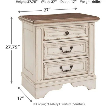 Design by Ashley Realyn French Country 3 Drawer Nightstand with Electrical Outlets & USB Ports, Chipped White