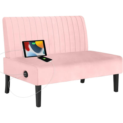 Mini canapé confortable sans accoudoirs pour chambre à coucher avec port USB, velours rose Petits canapés