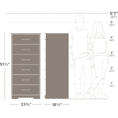 Cómoda alta blanca Astrid: 16" de profundidad x 20" de ancho x 52" de alto, cómoda de 6 cajones para dormitorio de Prepac: cómoda perfecta para un amplio espacio