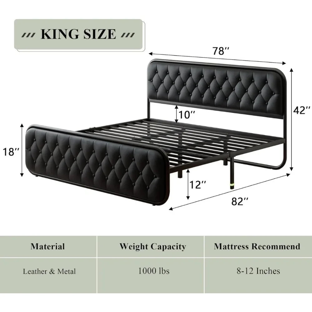 Marco de cama tamaño king Marco de cama resistente con cabecero de cuero sintético Muebles de dormitorio Almacenamiento debajo de la cama de 12" Negro