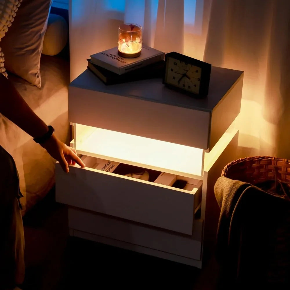 Two Piece Set of LED Nightstands,Bedside Table, Bedroom, Living Room, White LED Light Nightstands