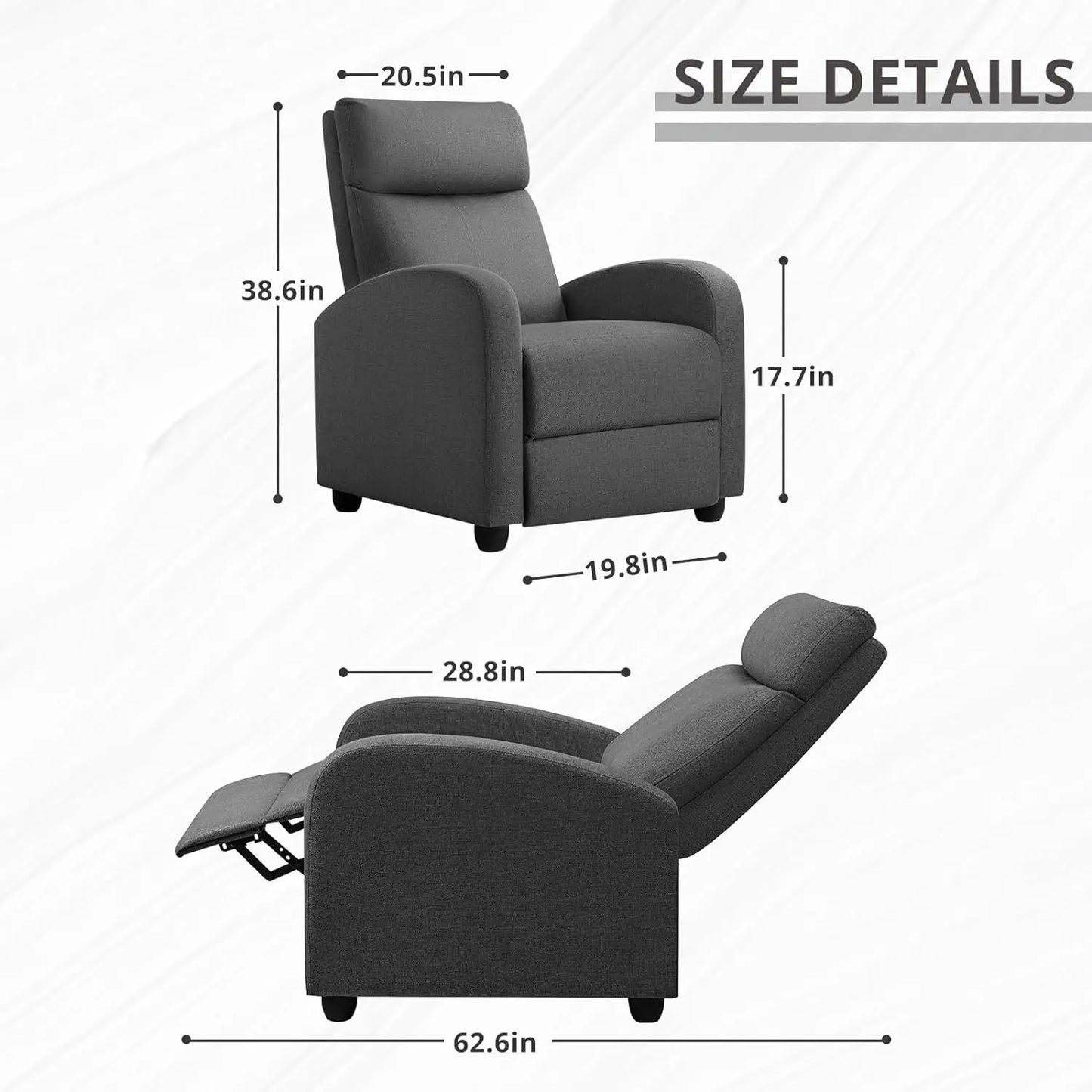 JUMMICO Fauteuil inclinable réglable Home Cinéma Canapé inclinable simple en tissu Meubles avec coussin de siège épais et dossier Moderne