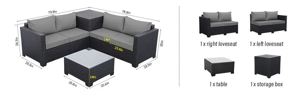 Ensemble de meubles d'extérieur en osier PE 4 pièces Ensemble de canapé-causeuse en rotin noir avec boîte de rangement, table à plateau en verre et coussin antidérapant