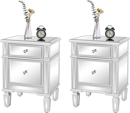 Nightstands Set of 2 Mirrored Side Tables Glass End Table with drawer for Bedroom