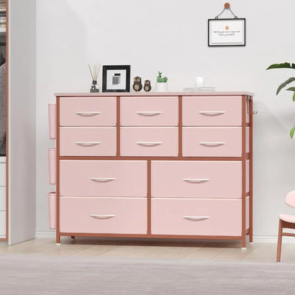 Dresser for Bedroom with 10 Drawers, Dressers & Chest , Long Fabric Storage Drawer with Wood Tabletop for Closet,Entryway (Pink)