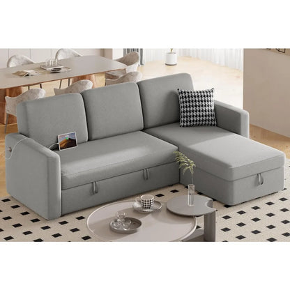 Sectional Sofa L-Shaped Sofa Couch Bed w/Chaise & USB, Reversible Couch Sleeper w/Pull Out Bed & Storage Space, Pull Out Couch