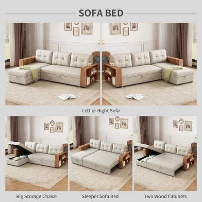 Pull Out Couch with Storage Chaise and Armrests,Convertible Sectional Sleeper Sofa Bed W/Removable Back Cushions