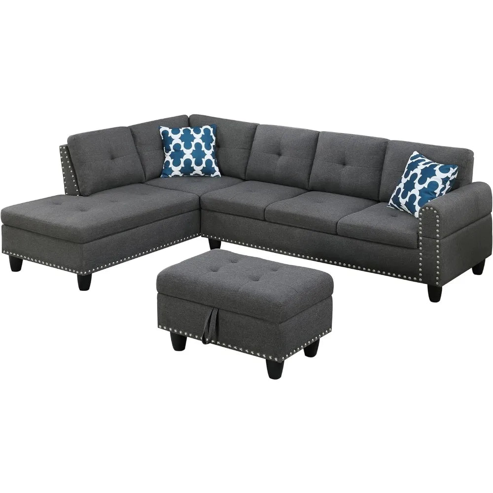 Living Room Sofa Set, 98-Inch L-Shaped Couch with Storage, Left Facing Chaise, 2 Cup Holders, 2 Throw Pillows, Dark Gray