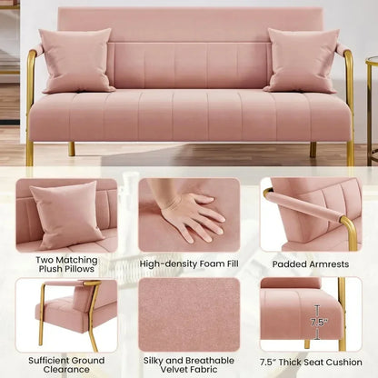 Sofá de dos plazas moderno de 56,5" de ancho con tela de terciopelo de lujo y brazos y patas de metal en tono dorado para dormitorio, Studio Pink