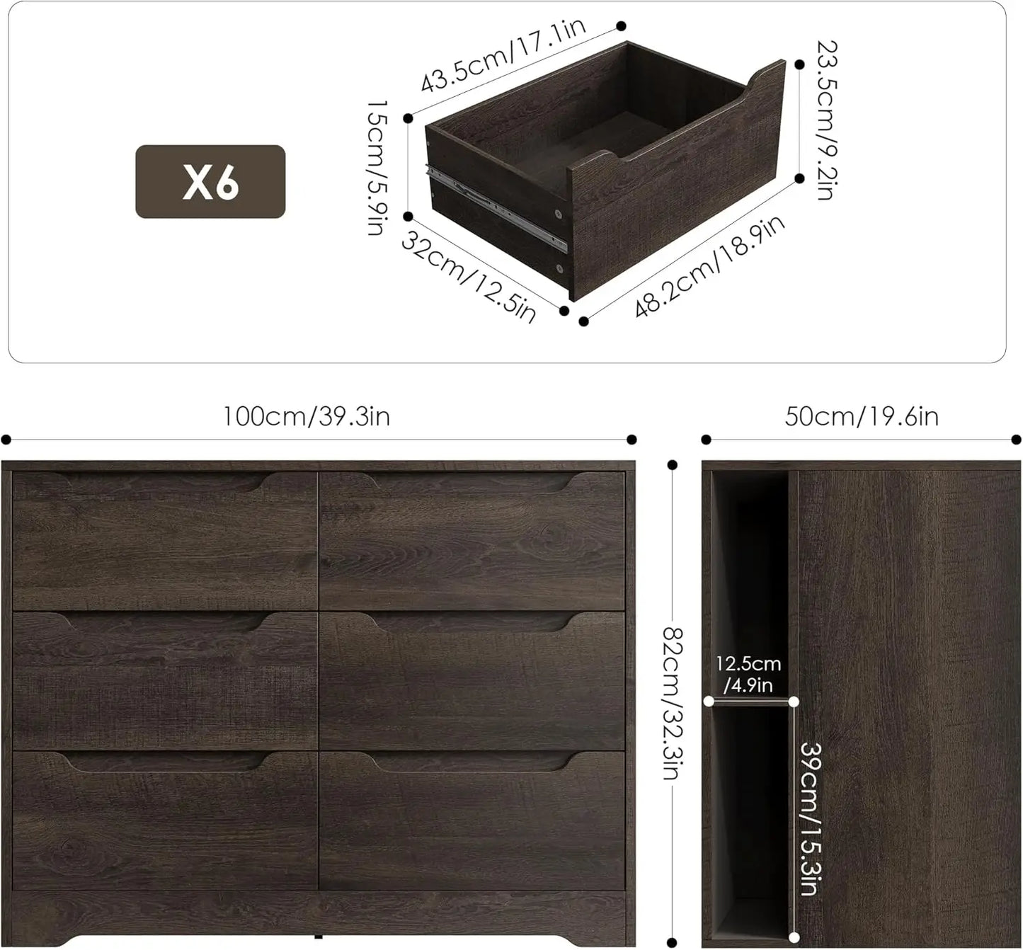 Cómoda de 6 cajones para dormitorio, cómoda con 4 compartimentos, cómoda de madera con tiradores recortados