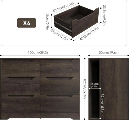 6 Drawer Dresser for Bedroom, Dresser with 4 Cubbies, Wood Chest of Drawers with Cut-Out Handles