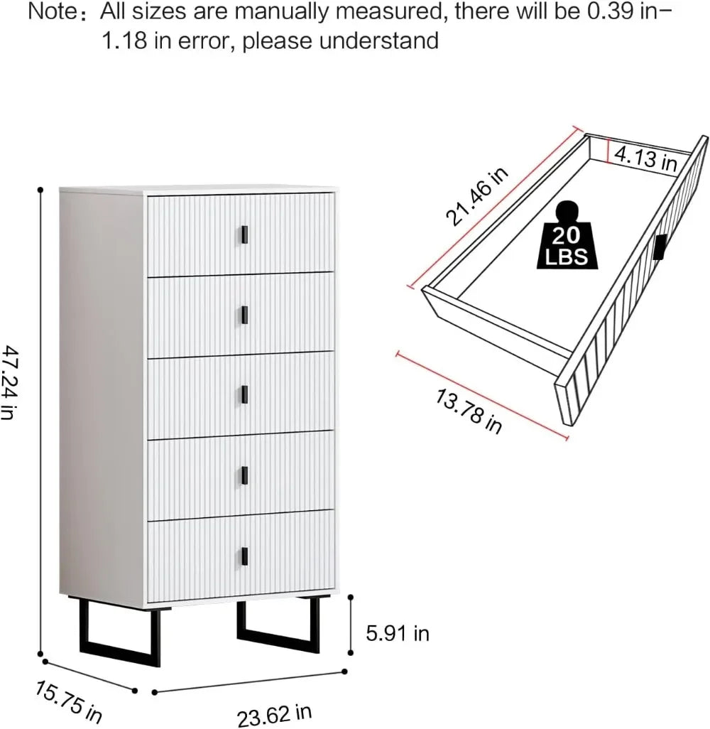 Cómoda de 5 cajones para dormitorio, cómoda moderna, cómoda de 5 cajones, unidad organizadora de armario de almacenamiento alto con patas de metal,