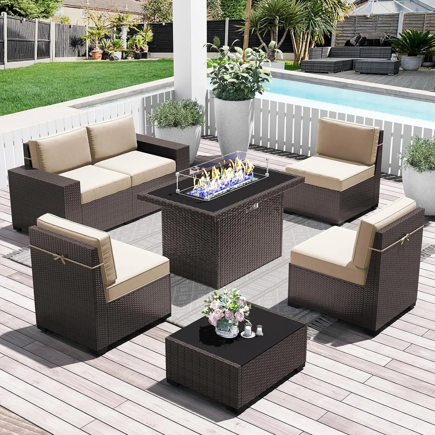 Juego de muebles de patio de 8 piezas con mesa para fogata a gas propano de 44", juego de sofá de mimbre y ratán y mesa de centro Rattan Möbel