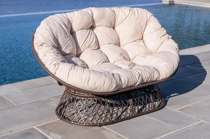 Double Papasan Chair Loveseat with Beige Cushion and Brown Frame for Indoor and Outdoor Use