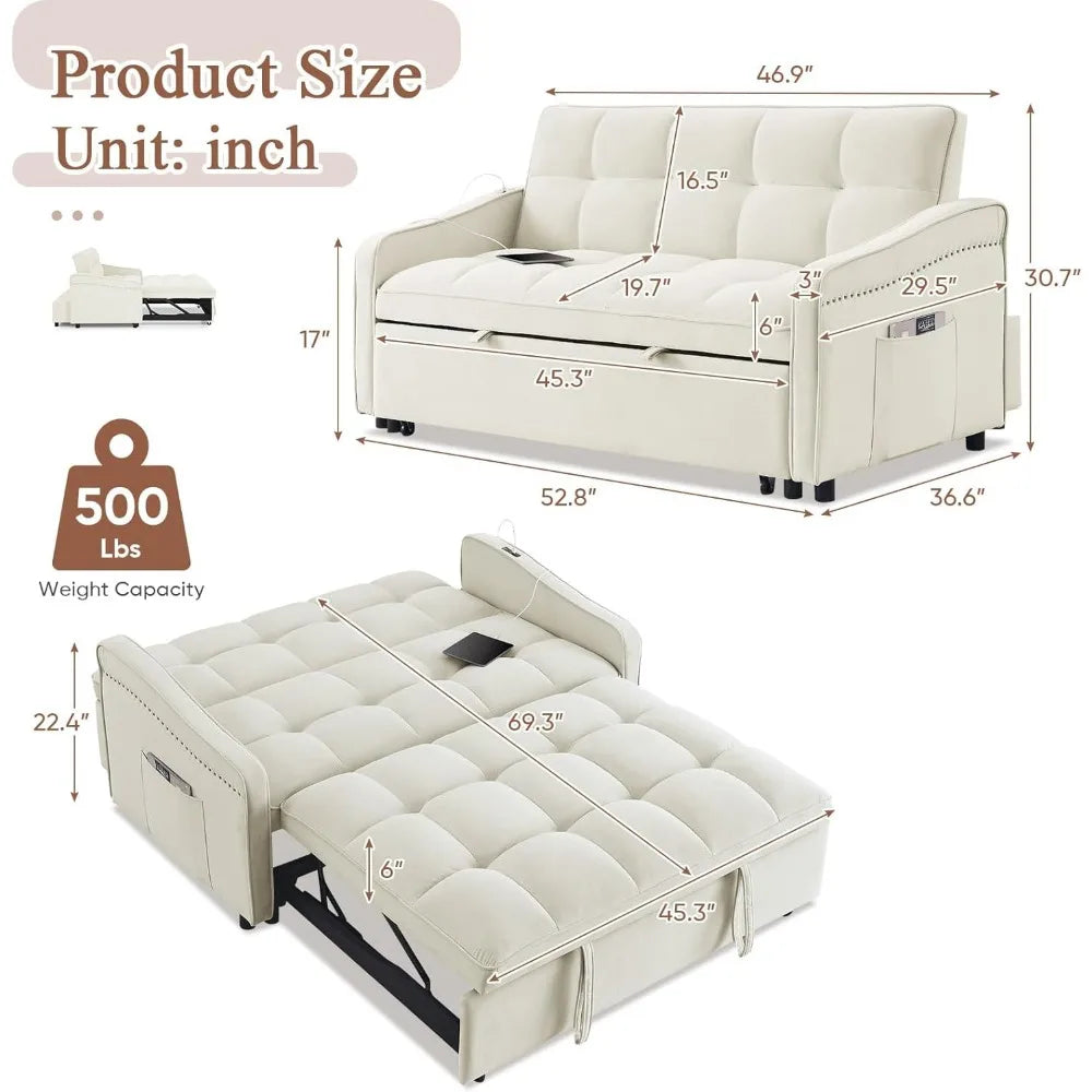 3 in 1 Sleeper Sofa Couch Bed with USB & Type C Port, 52" Small Modern Convertible Tufted Velvet Loveseat Sofa w/Pull Out Bed